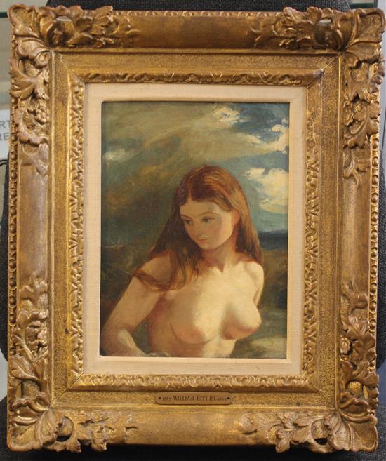 Attributed to William Etty R.A. (1787-1849) Nude in a landscape, 10 x 7.5in.